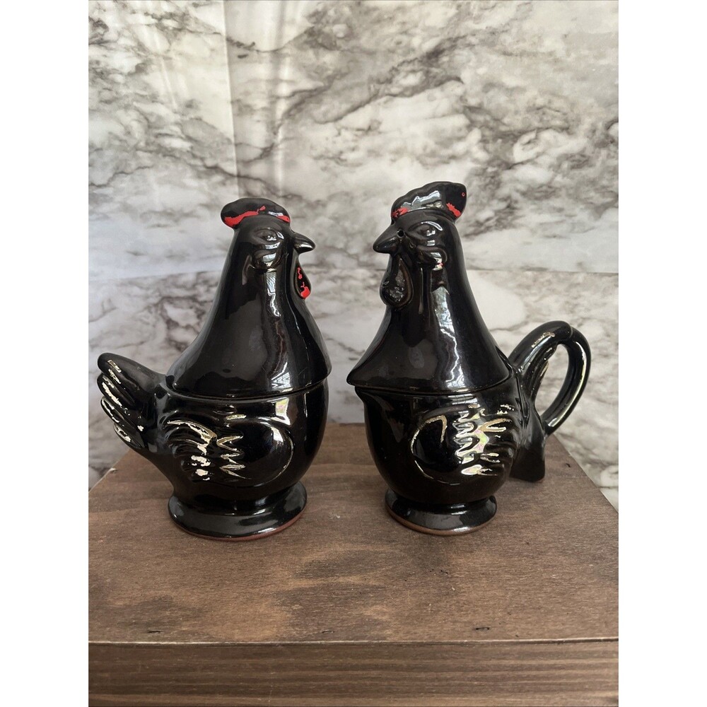 Vintage Hen Rooster Creamer/Sugar /Salt/Pepper Set, Black (4-pc stackable)